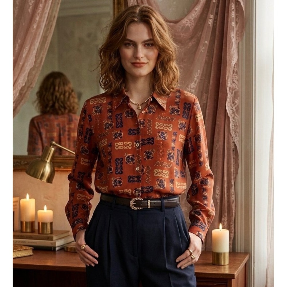 Chagall Vintage Burnt Orange Geometric Print Button Down Blouse Size 8